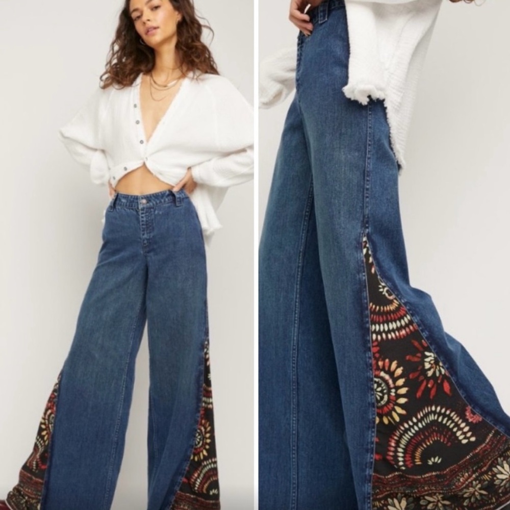 Free People Blue Flare Sahara Jeans with Bohemian Print Insert Sz 29 NWT
